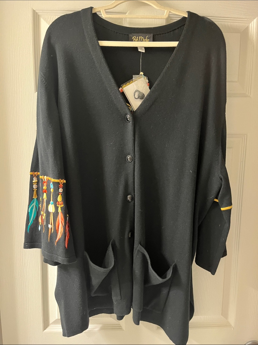 Bob Mackie wearable art Black V-Neck Button Cardigan Sweater.